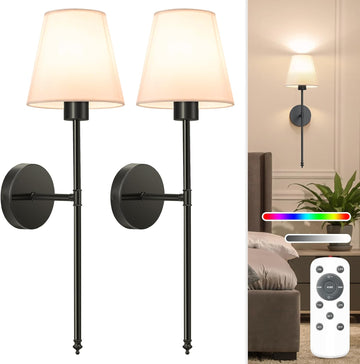 Battery Operated Wall Sconce Set of 2,Black Rechargeable Wall Lights with 10400mAh Dimmable Bulbs and Remote,10