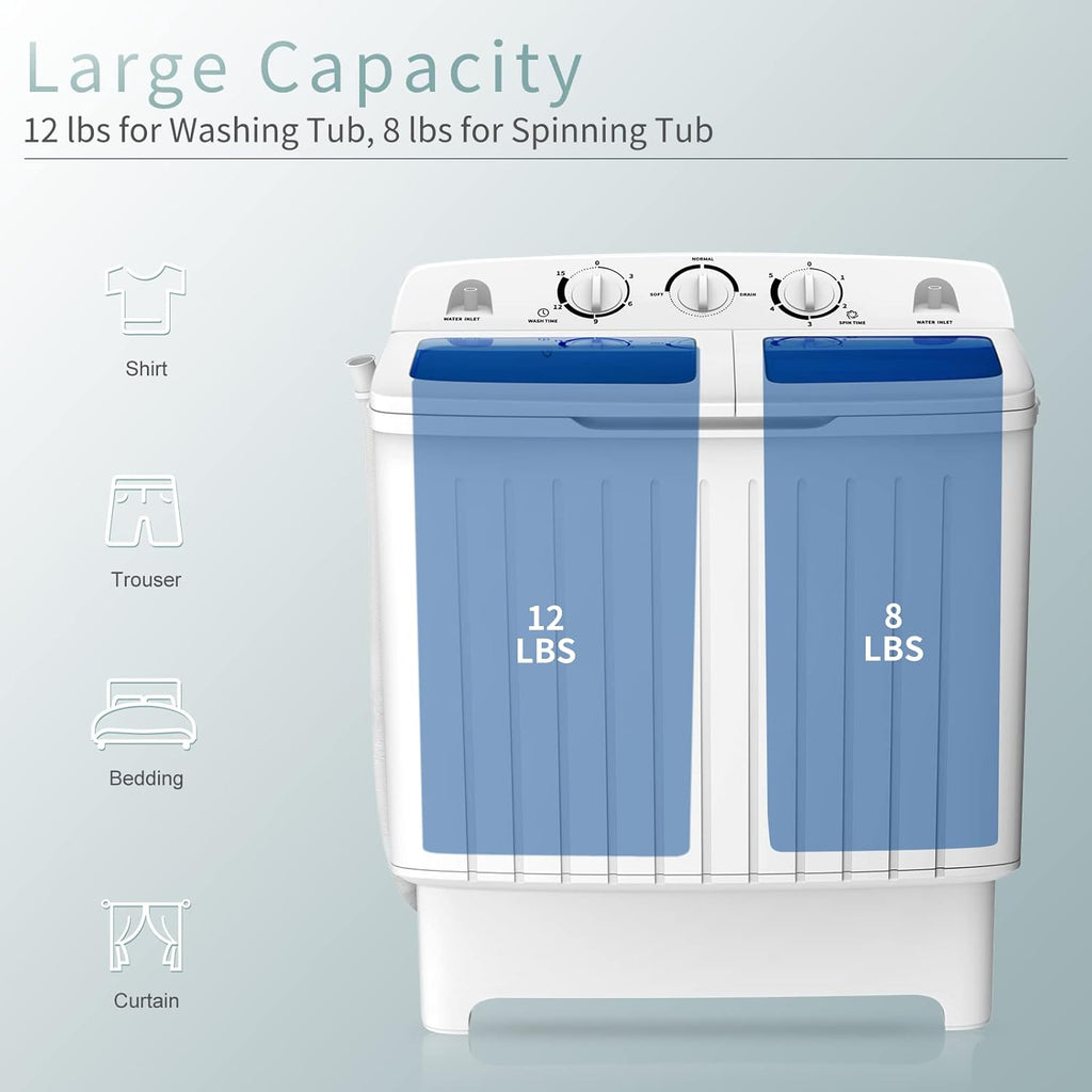 Portable Washing Machine, Twin Tub 20 Lbs Capacity, Compact Laundry Washer(12 Lbs) and Spinner(8 Lbs), Durable Design