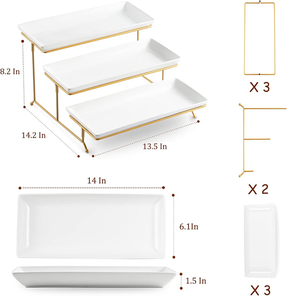 3 Tier Serving Bowls Set Tiered Serving Stand, Porcelain Oval Bowls with Collapsible Metal Stand for Entertaining