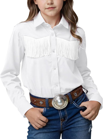Girls Fringe Snap Button Down Western Shirt Cowgirl Long Sleeve Blouse Tops