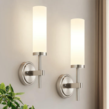 [Hardwired] Wall Sconces Set of Two, Brushed Nickel Bathroom Sconces with Milky White Glass, Modern Wall Light