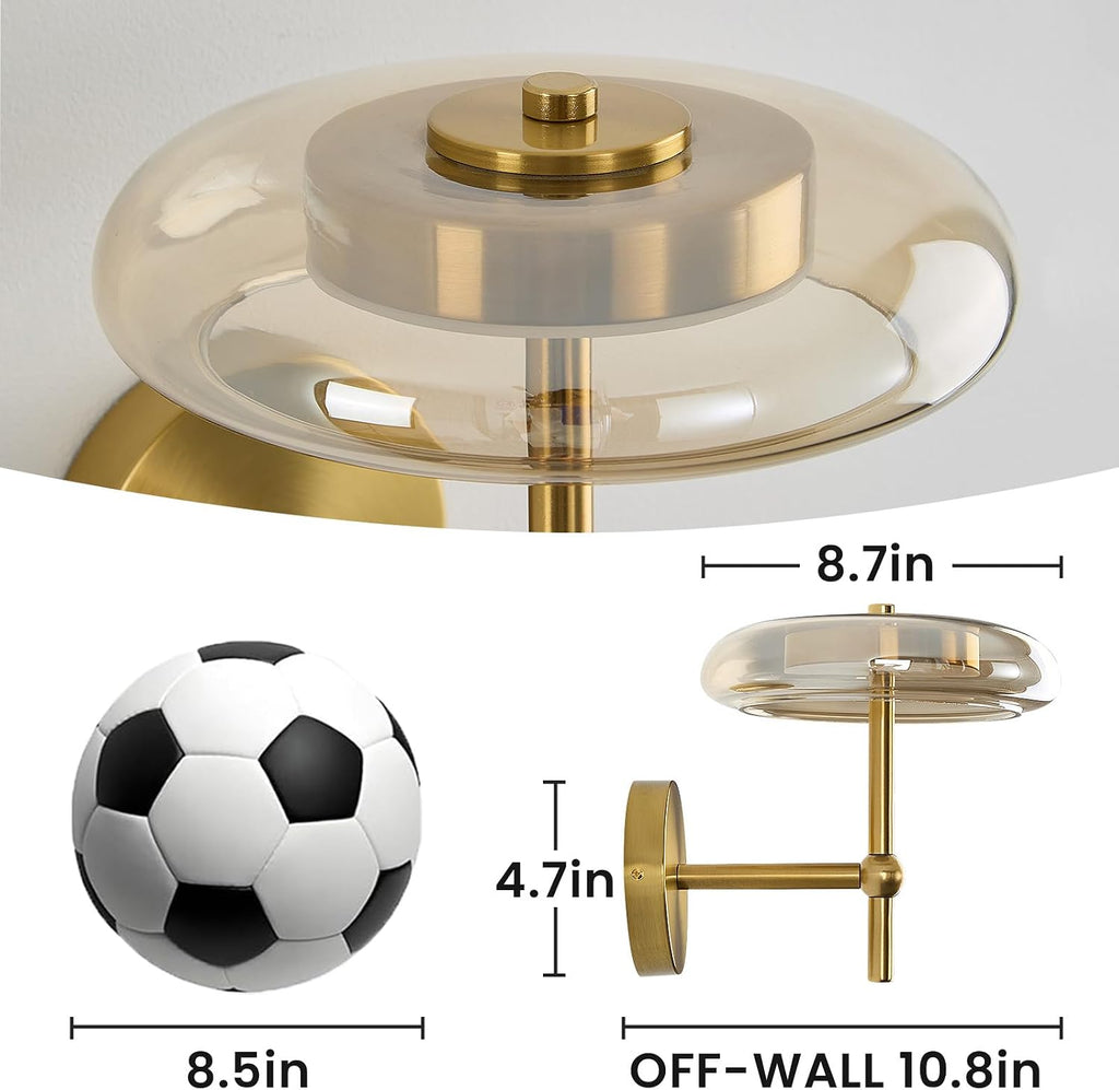 Modern Round Glass Wall Sconce in Brushed Gold, Contemporary Clear Glass Gold Sconce, Hardwired Indoor Wall Lighting