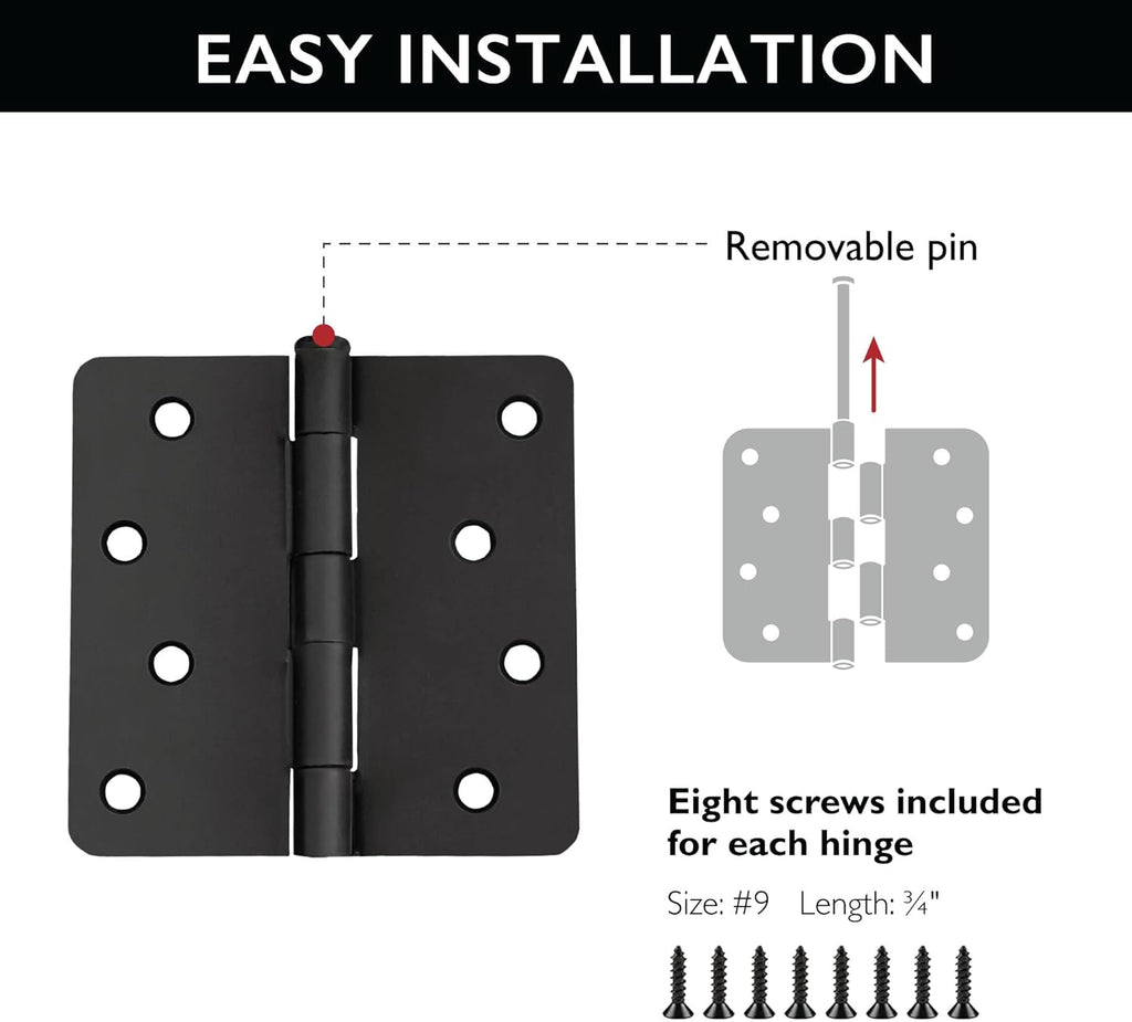 Interior Door Hinges, 4.0 in. x 4.0 in., Rounded, 1/4-in. Radius, Steel, Pre-Lubricated, Door Hardware, Matte Black