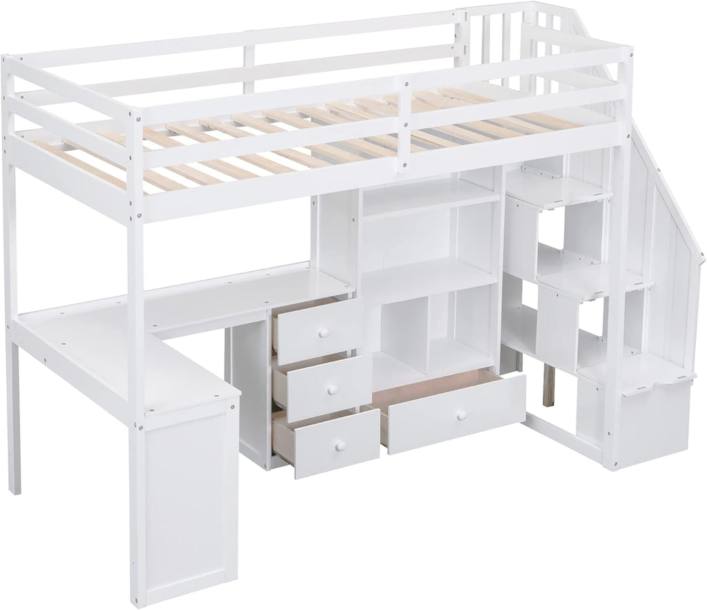 Wood Loft Bed Twin, Multifunctional Twin Bed Frame with L-Shaped Desk and Drawers, Cabinet and Storage Staircase, White