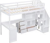 Wood Loft Bed Twin, Multifunctional Twin Bed Frame with L-Shaped Desk and Drawers, Cabinet and Storage Staircase, White