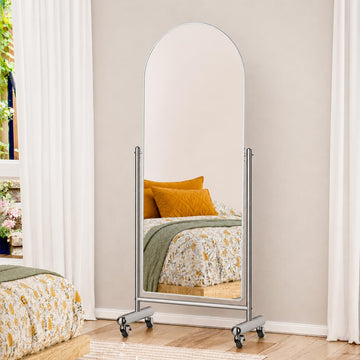 Arched Full Length Mirror with Wheels 65" x 24", Adjustable Tilt Floor Mirror, Tempered Glass Standing Mirror with