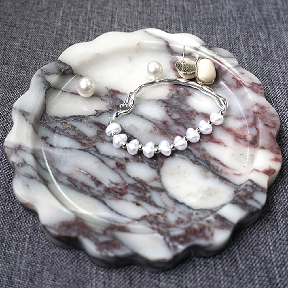 Decorative Marble Tray-6.2 in Round Stone Vanity Tray for Perfume & Jewelry | Scalloped Edge, Calacatta Viola Natural