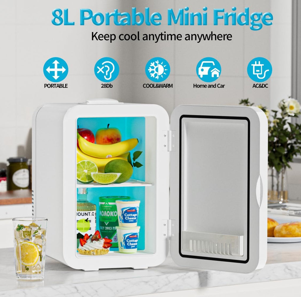 Mini Fridge for Bedroom - 8 Liter/8 Can Portable Refrigerator for Car, Office, Dorm - Quiet Cooler & Warmer for Food