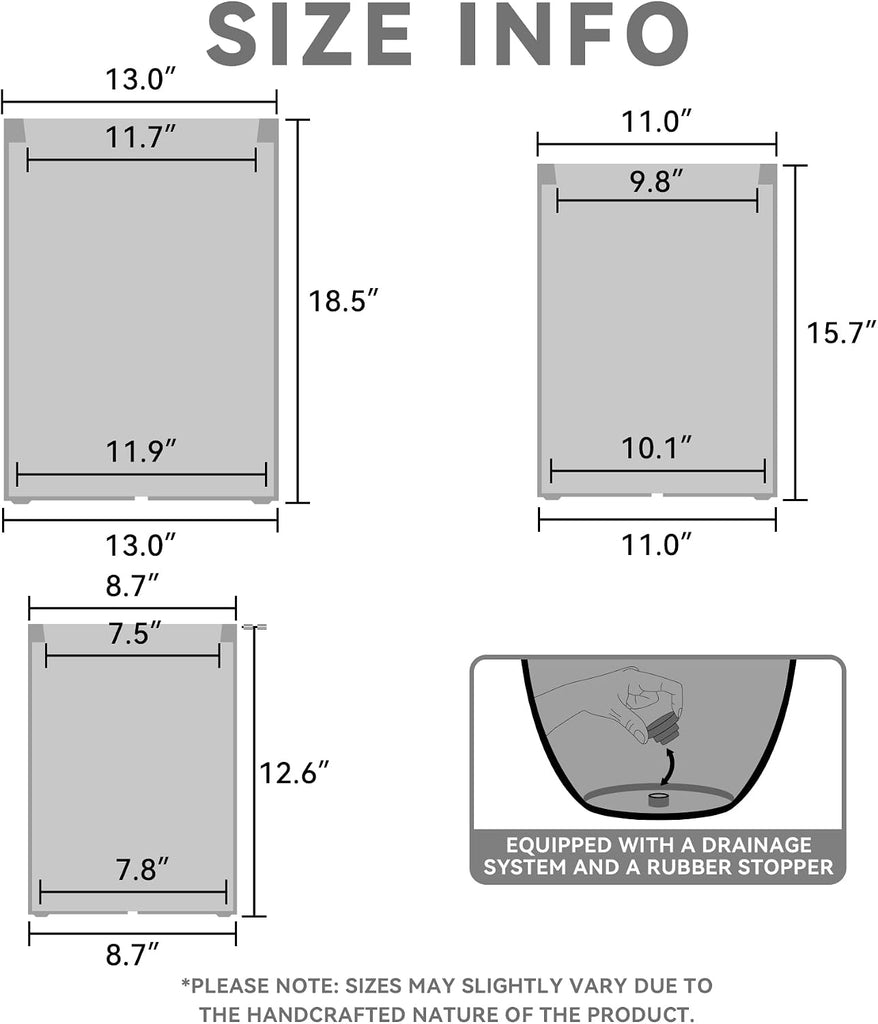 Set of 3 Charcoal Concrete Tall Planters 13" 11" 13" Dia | Drainage for Outdoor, Rubber Plug for Indoor Home