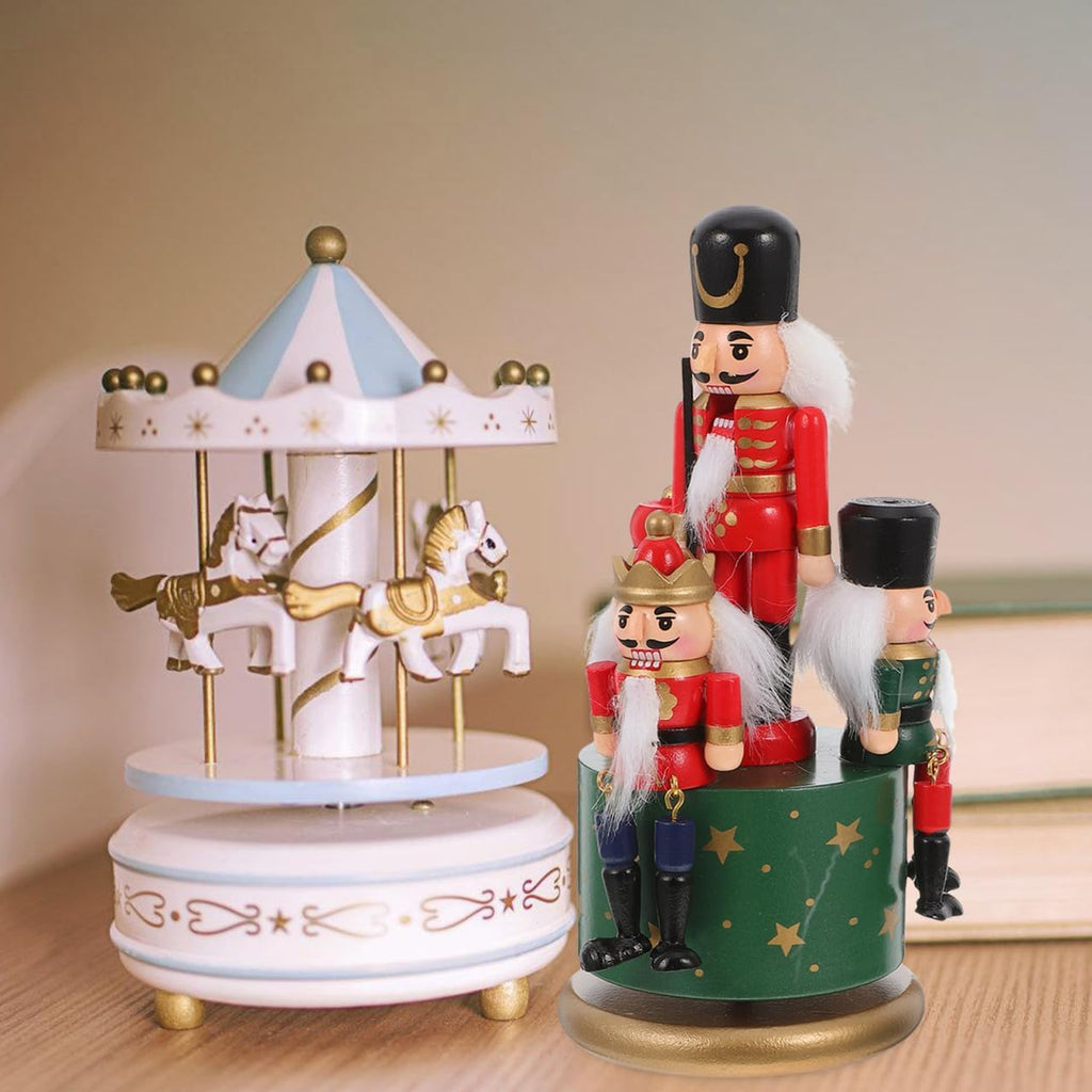 Nutcracker Music Box, Rotating Wind Up Wooden Christmas Decor