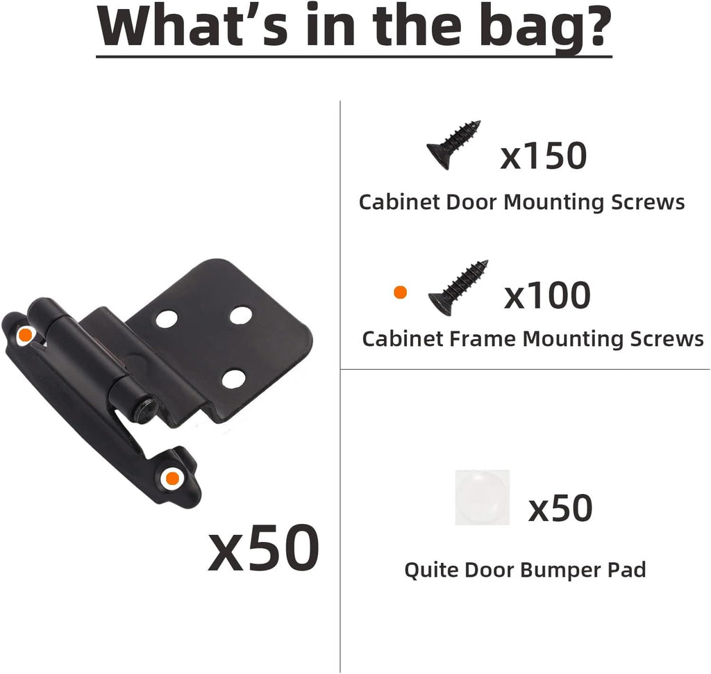 3/8" Inset Cabinet Hinges Black (25 Pair -50 Pcs) Offset Self Closing Matte Black Cabinet Hinges Cabinets w/Bumpers &