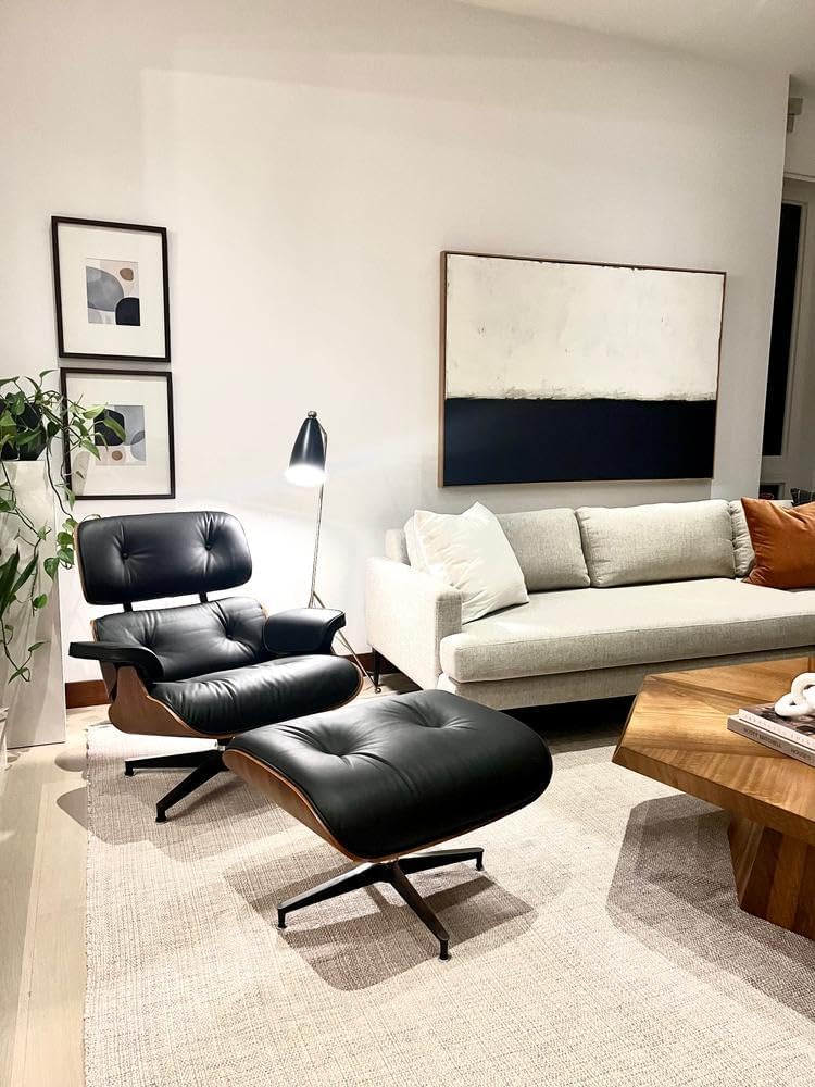 Mid-Century Modern Lounge Chair & Ottoman — Black Bonded Grain Leather, Light Walnut Base, Extended Chaise