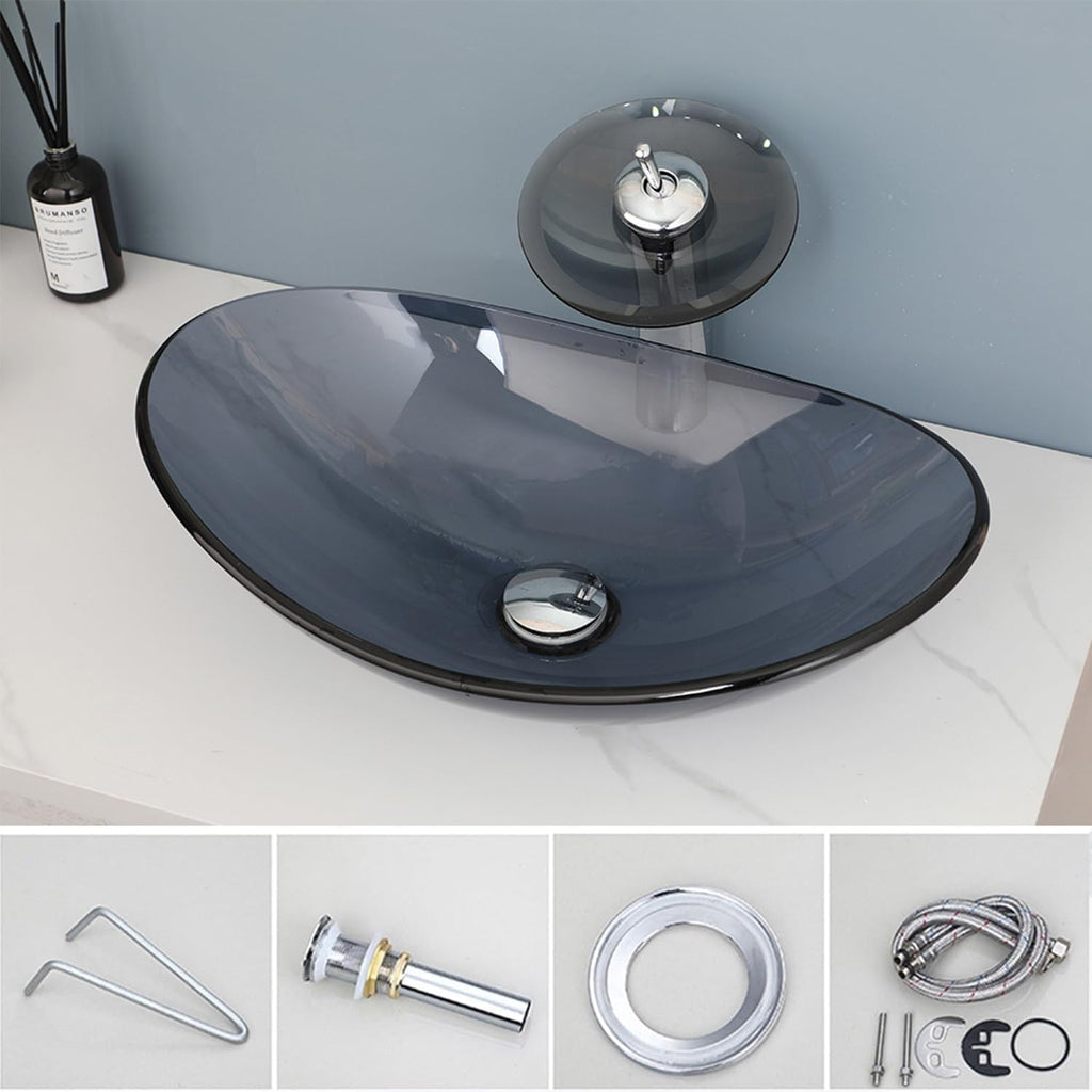 22" x 14" Oval Grey Vessel Sink Glass Sinks Bowl Above Counte, Bathroom Sink with Faucet and Drain Tempered Glass Sinks