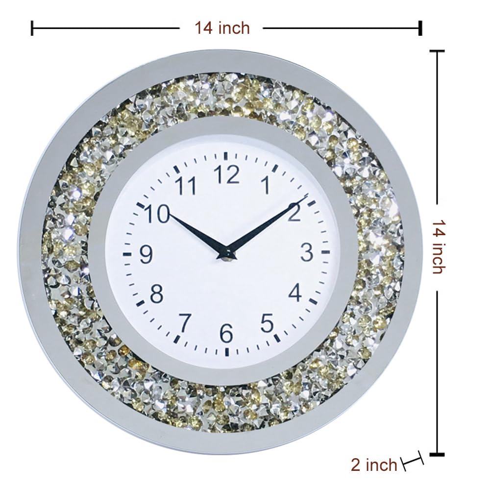 Wall Clock Decor Crushed Diamond Mirror Bathroom Clocks Wall Crystal Decorations (Golden-Round 35CM(A))