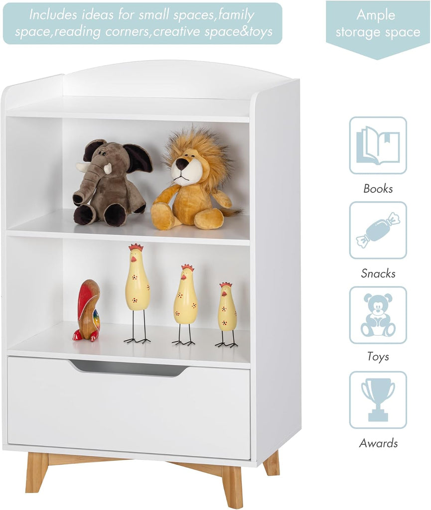 Kids Bookshelf, Children Bookcases with Drawer, Toy Storage Organizer | Corner Book Shelf for Kids Rooms, Solid Wood