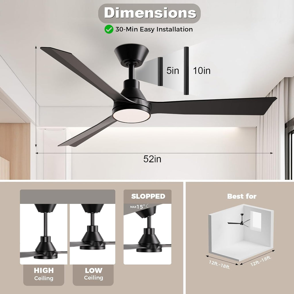 52 Inch Ceiling Fans with Lights and Remote, ETL Quiet Reversible DC Full Copper Motor, 2 Downrods, 3 CCT Dimmable, 6 Speeds Outdoor Ceiling Fans for Patios Porch Bedroom Living Room Black
