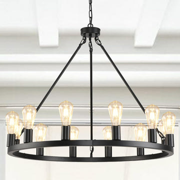 12 Lights Wagon Wheel Chandelier,31.5 inch Black Round Rustic Industrial Vintage Farmhouse Chandeliers for Outdoor