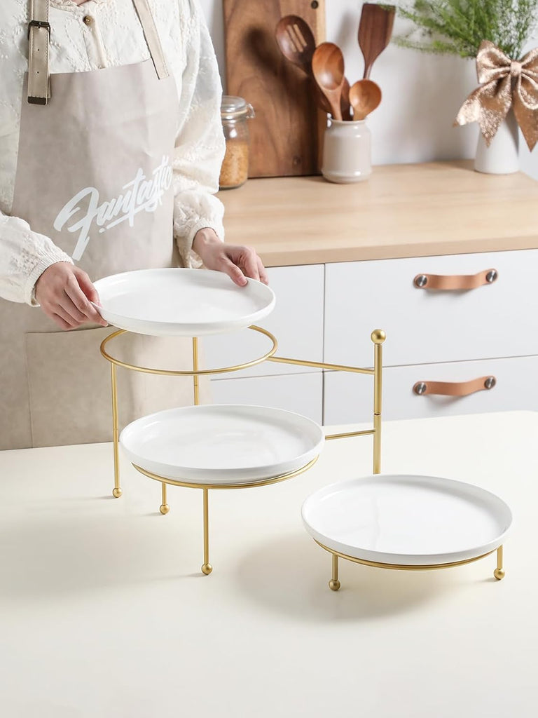 3 Tiered Serving Stand with White Porcelain Plates, 10" Round Tray, dessert table display set, Gold Metal Stand
