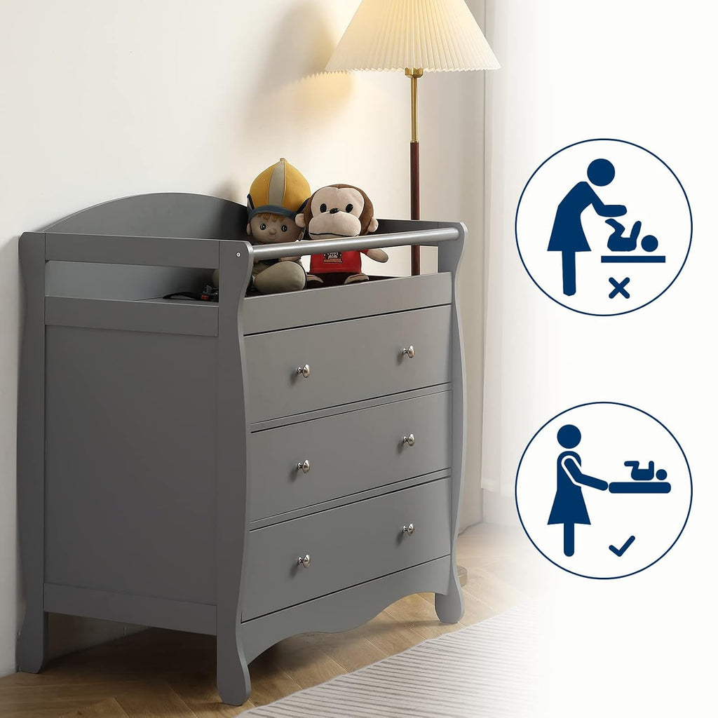 Changing Table Dresser Baby Diaper Changing Station Infant Nursing Table with 3 Drawers, Safety Rail & Strap , Gray |