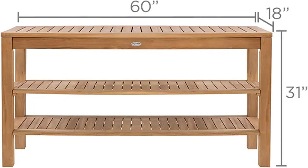 Console Table with Two Shelves, 60-Inch Rectangular Wooden Outdoor Teak Table with Storage Shelves, Outdoor Furniture