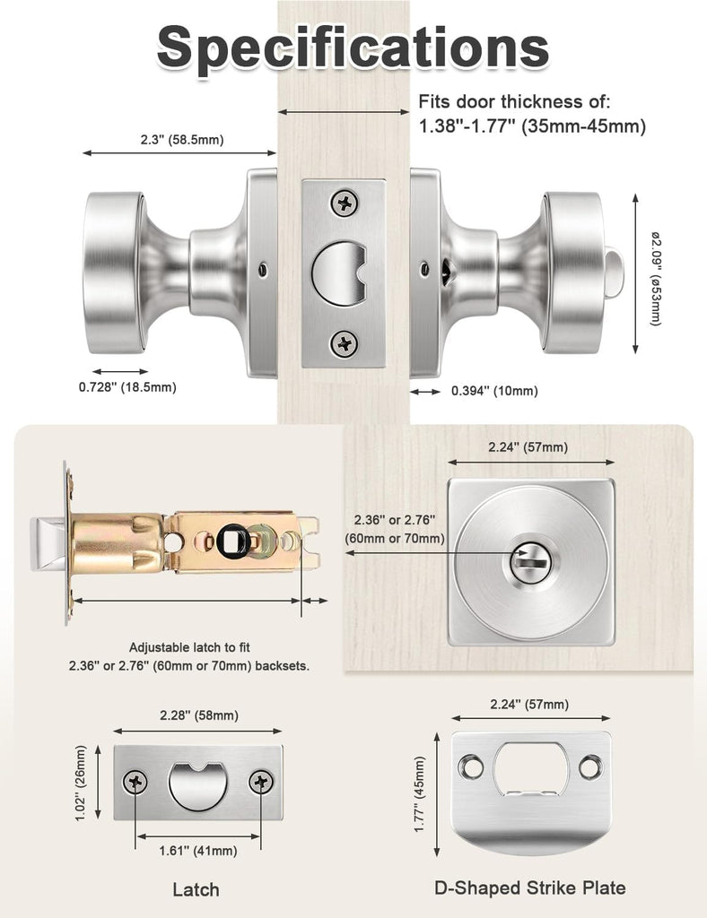 Privacy Door Knobs Interior 6 Pack, Satin Nickel Door Knob with Lock Inside, Keyless Bedroom and Bathroom Locking