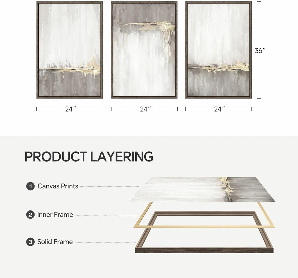 Framed Grey White Abstract Wall Art , 3 Piece Large Gold Neutral Canvas Prints Artwork for Walls, Gray Modern