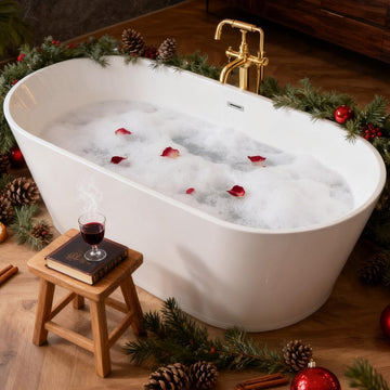 55" Oval Freestanding Soaking Bathtub with Toe-Tap Chrome Drain, Stand Alone Tub, Acrylic Soaking Tub, Ergonomic