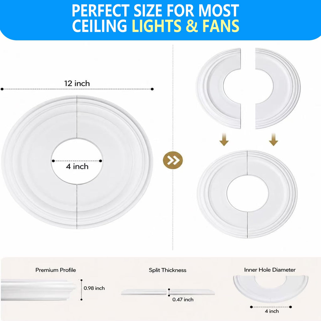 12 Inch Split Ceiling Medallion for Light Fixtures & Ceiling Fans - Decorative PU Round Base Cover Plate for Ceiling