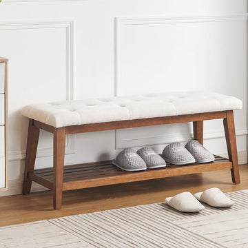 Kinkinmars Entryway Bench with Shoe Rack, 42.5" Bedroom Bench, Beige | 42.5-inch upholstered bench with built-in shoe