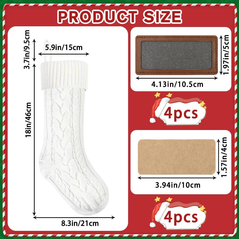 4Pack with Leather Patches,18" Personalized Hanging Large Cable Knitted Name Xmas Red Green White Stockings