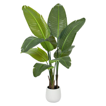 4FT Artificial Bird of Paradise Plant Tall, Fake Tropical Tree with 9 Banana Leaves and White Pot, Large Faux Silk