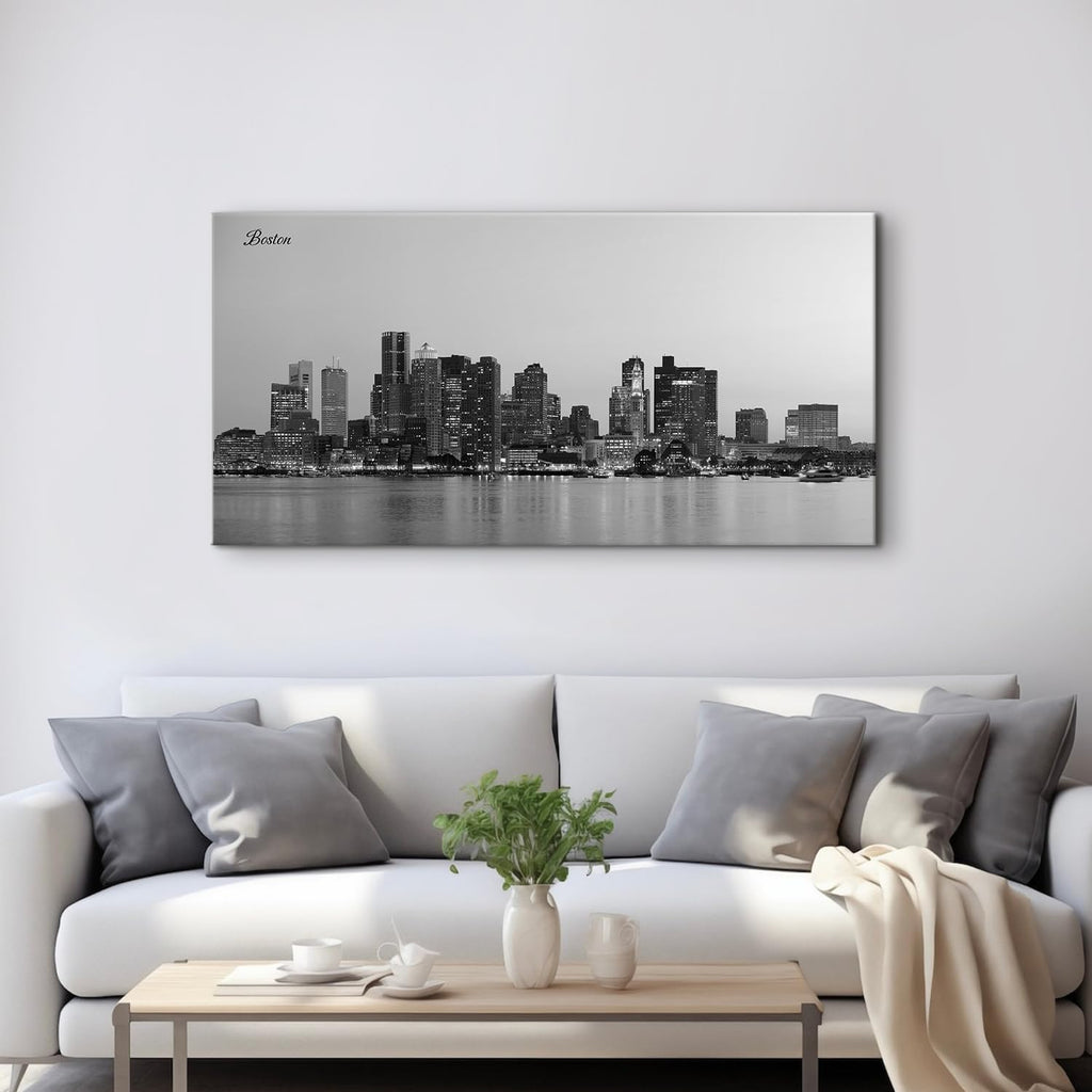 Boston Skyline Wall Art Black and White City Panoramic Canvas Prints Pictures Modern Night View Cityscape Posters
