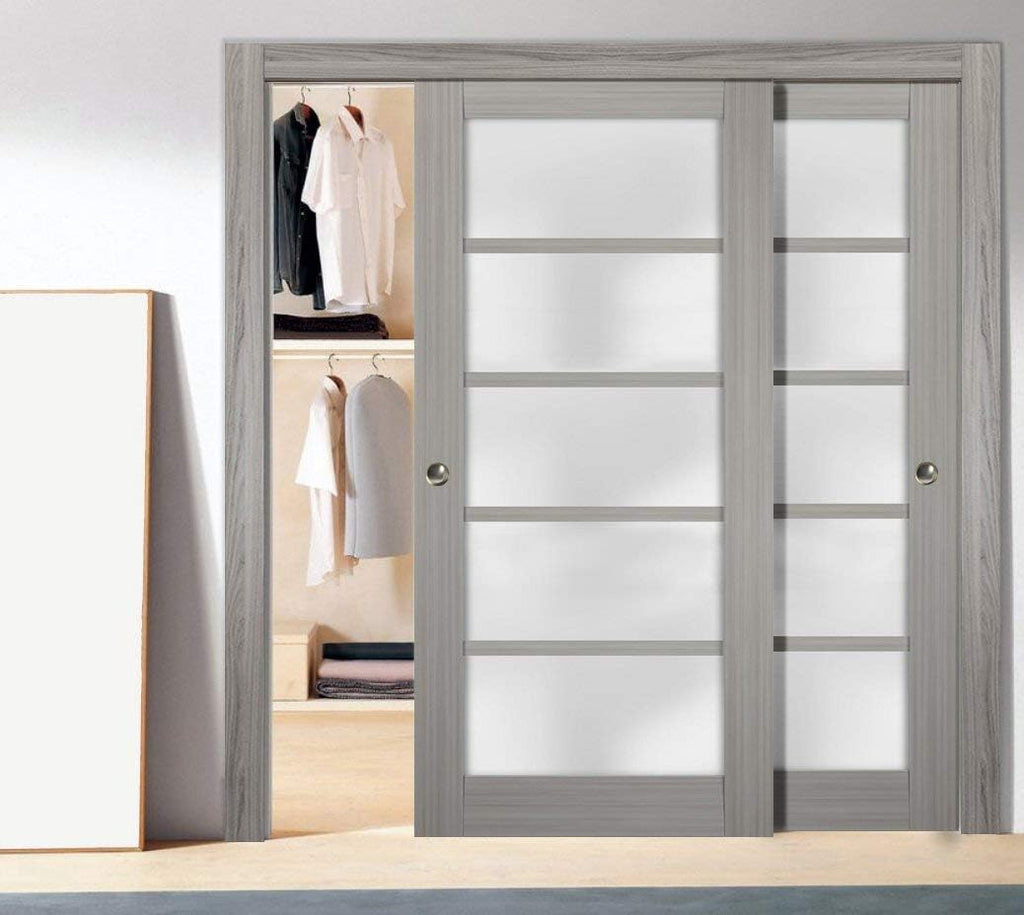 Sliding Closet Door SARTODOORS Quadro 4002 Bypass Interior Doors with Frosted Glass, MDF, 36x80, Gra