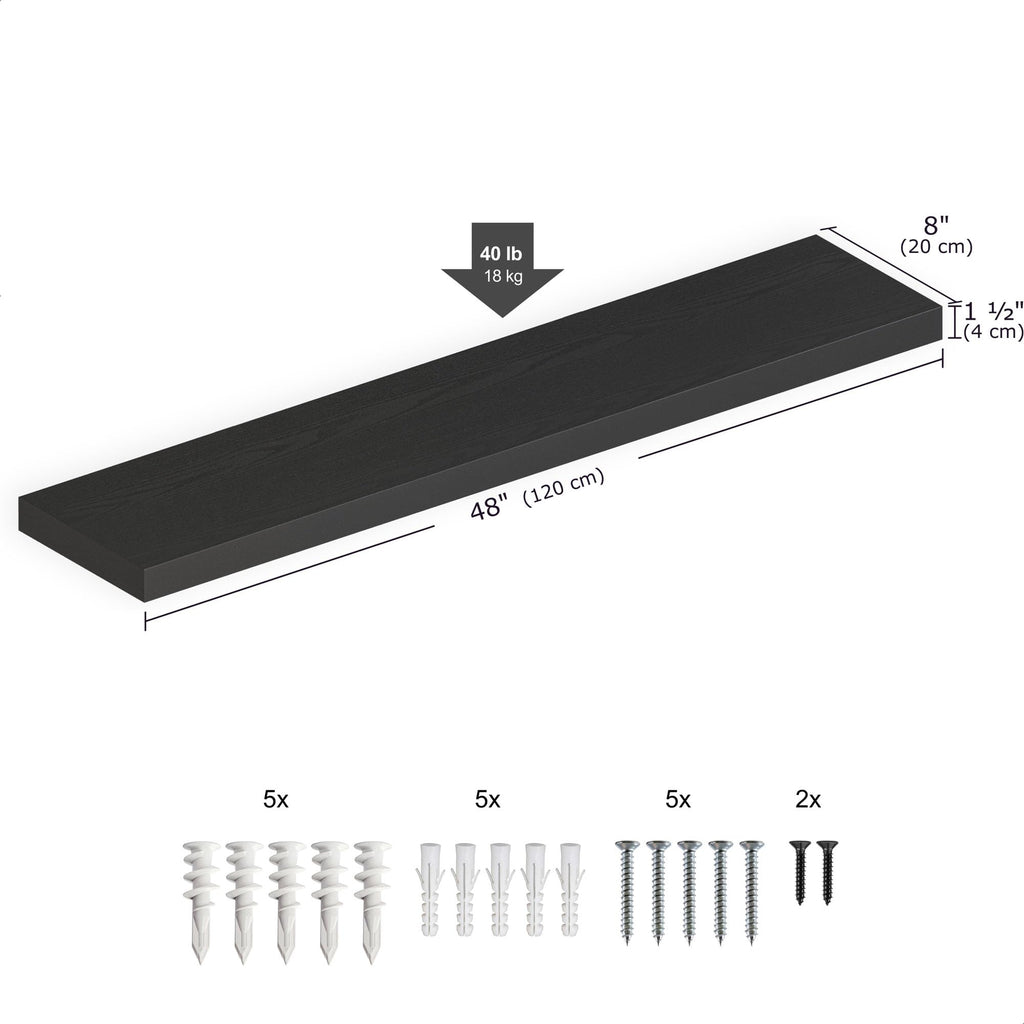 Floating Shelf, 48" Wood Wall Shelf with Invisible Brackets, 8" Deep, Black