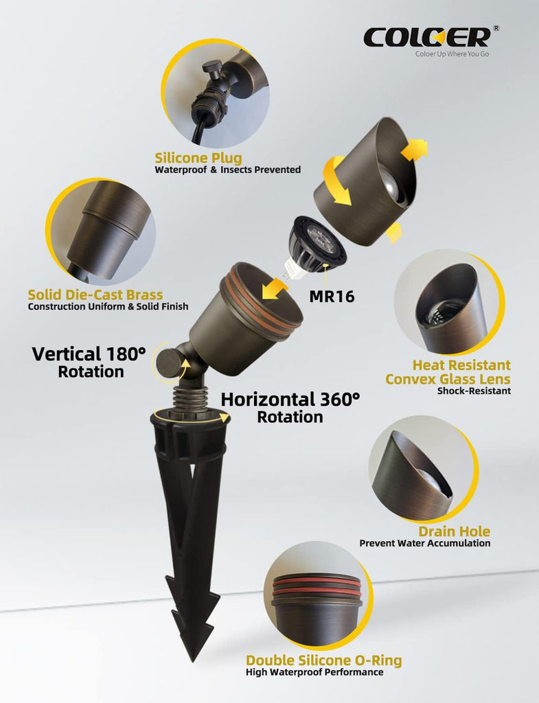 Die-cast Brass Low Voltage Spotlight 1-Pack with 5W Aluminum Housing MR16 LED Bulb 2700K 450LM CRI85+,12V AC/DC
