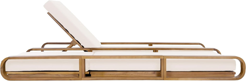 Double Chaise Lounge Chair Outdoor with 4-Position Adjustable Backrest for Each Seat & 3-Fold Cushions, Acacia Wood