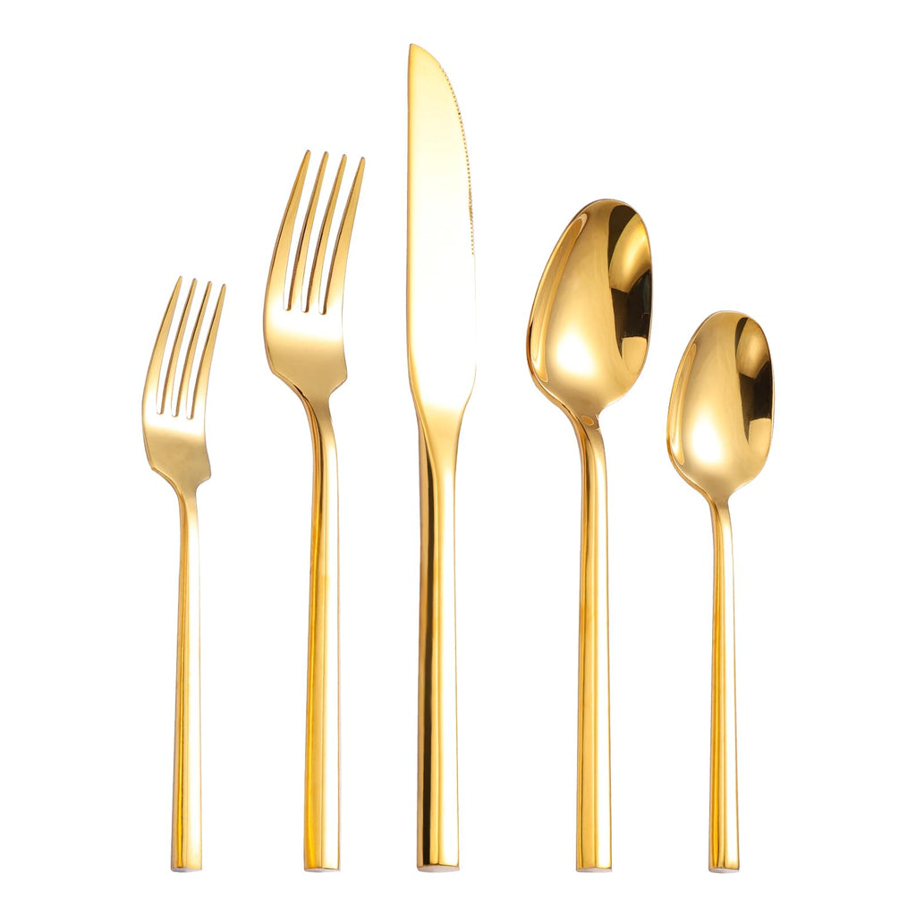 Mirror Silverware Set Gold Flatware Set with Hexagon Handle 20 Pieces 18/0 Stainless Steel Cutlery Set Wedding