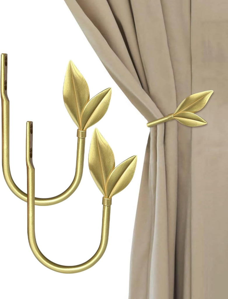 Gold Curtain Holdbacks 2 Pack, Metal Olive Leaf Curtain Tiebacks Wall Mounted, Curtain Holders for Wall, Curtain Pull