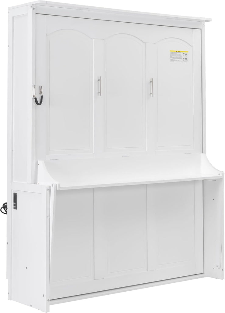Queen Murphy Bed with Desk, Foldable Wall Bed Cabinet with LED Lights and USB Ports, Space-Saving Murphy Bed Frame