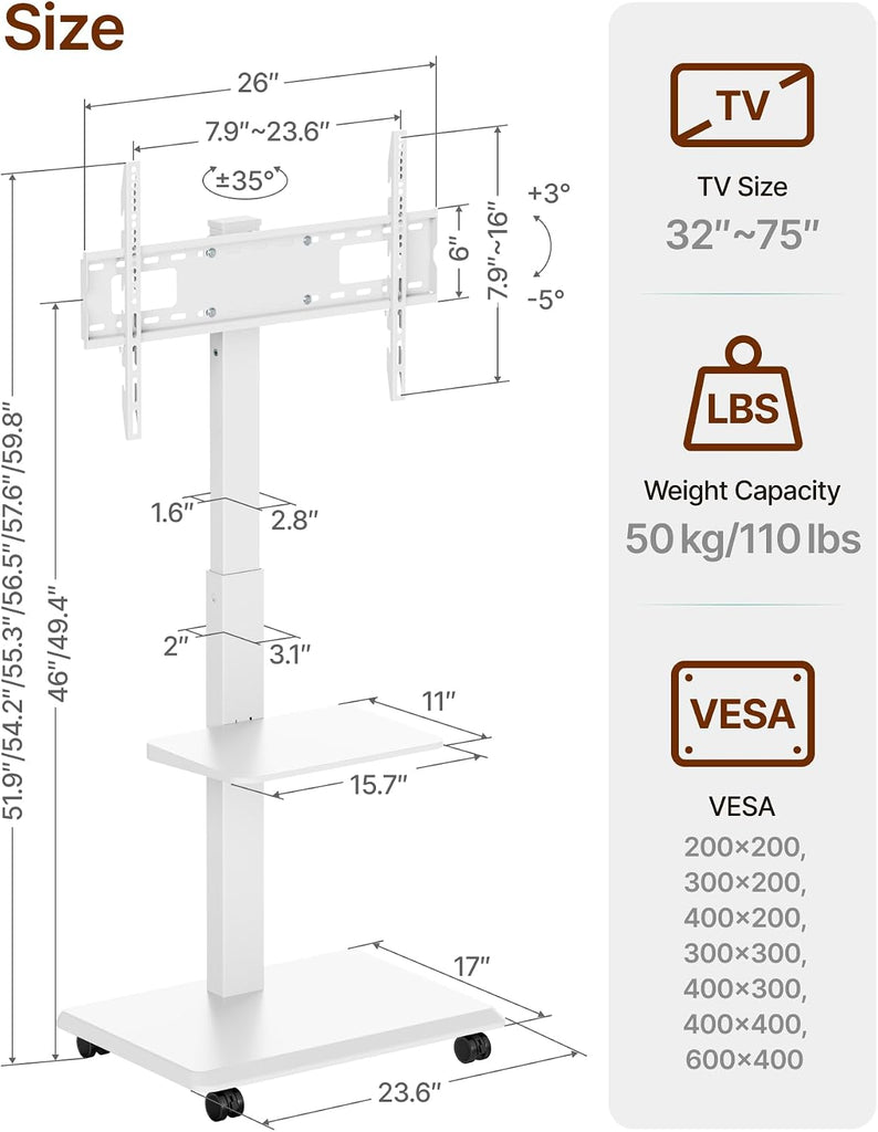 Steel Base Rolling TV Stand for 32-75 inch TVs up to 110 lbs, Leveling & Tilt & Swivel Mobile TV Stand with Hidden