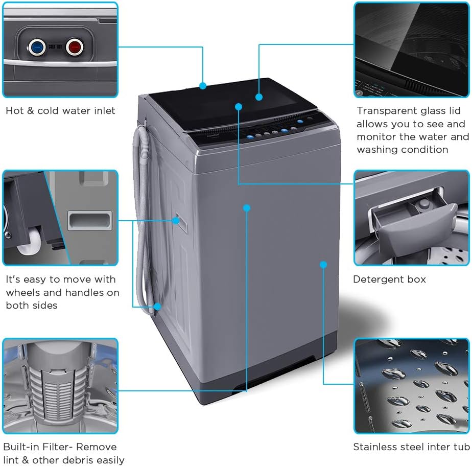 1.6 Cu.ft Portable Washing Machine, 11lbs Capacity Fully Automatic Compact Washer with Wheels, 6 Wash Programs Laundry