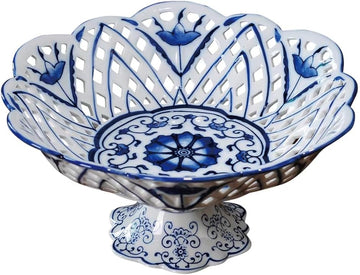 Vintage Floral Round Chinoiserie Ceramic Serving Bowl with Draining Holes, Blue And White10" Large Fruit Basket, Hand