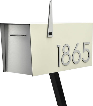 Contemporary Post-Mount Mailbox - Aluminum Ivory White Body with Aluminum Door, Numbers and Flag