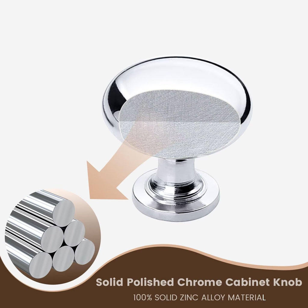 6 Pack Polished Chrome Cabinet Knobs,1-3/16 Inch(29.5mm) Solid Drawer Knobs Kitchen Cabinet Pulls,Round Dresser