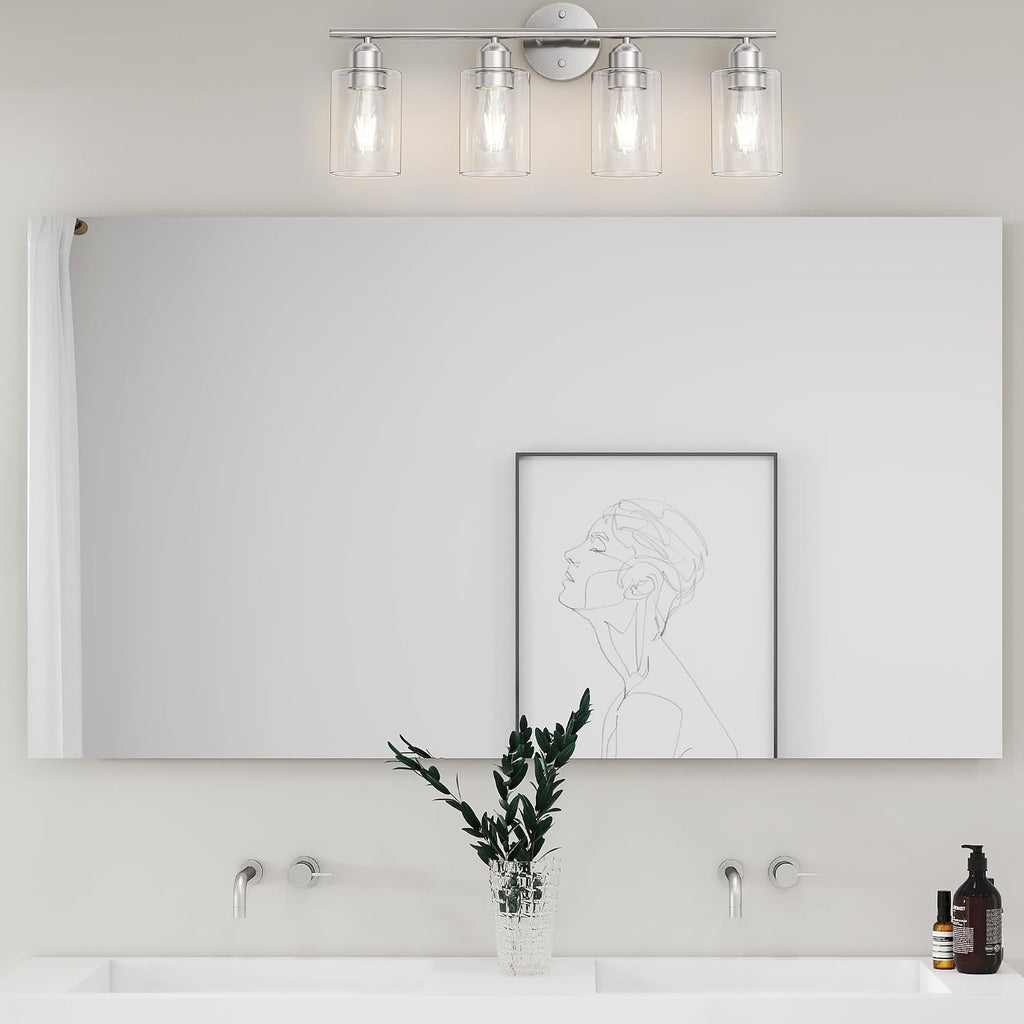 Bathroom Vanity Light Fixtures Brushed Nickel,4 Lights Rustic Farmhouse Vanity Bar Lighting Over Mirror Modern