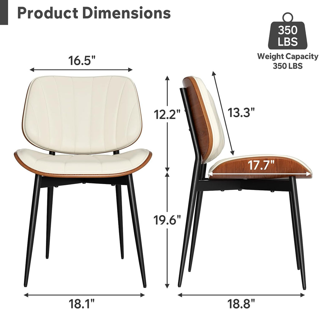 Dining Chairs Set of 2, Mid-Century Modern Upholstered Faux Leather Kitchen Chairs with Bentwood Back and Metal Legs for Dining Room, Beige
