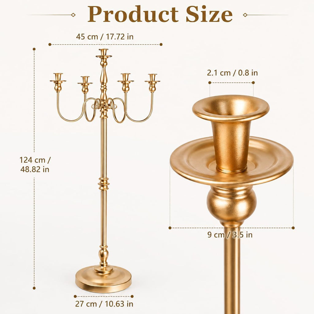 Gold Candelabra Floor Candle Holders, 2 Pack 50 Inch Tall 5 Arm Metal Candelabra Centerpieces for Tables, Wedding