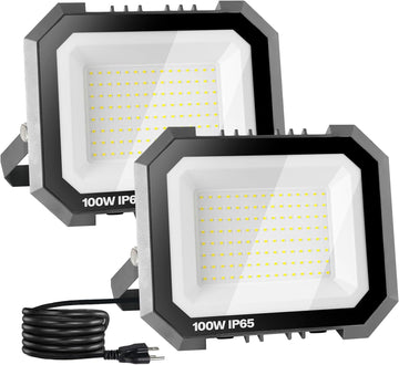 2 Pack LED Flood Lights Outdoor, 100W 10000LM Super Bright Floodlight Outside Work Light with 5.9FT Plug, IP65