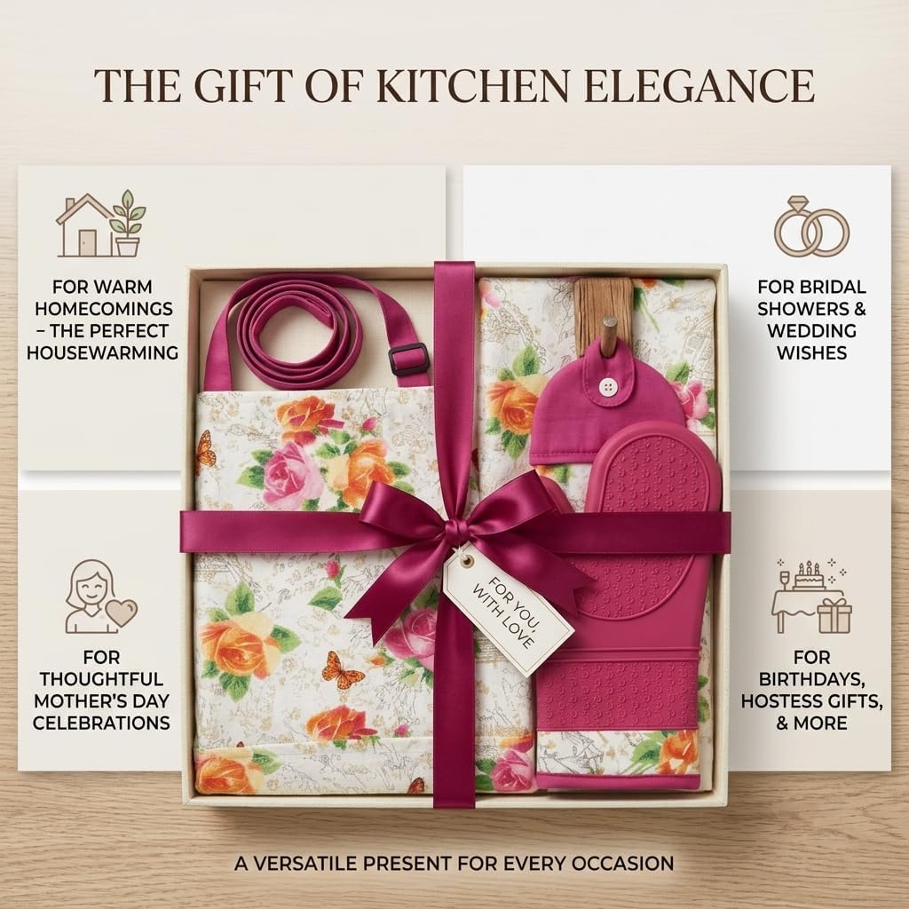 4-Piece Kitchen Linen Set, Apron, Oven Mitt & Towel Gift | Complete 4-piece cotton kitchen linen set designed for