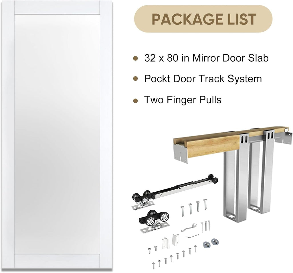 32" x 80" Sliding Pocket Door, Includes Wooden Frame Mirror Door Panel and Soft Close Pocket Frame K